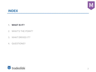 2
INDEX
1. WHAT IS IT?
2. WHAT’S THE POINT?
3. WHAT DRIVES IT?
4. QUESTIONS?
 