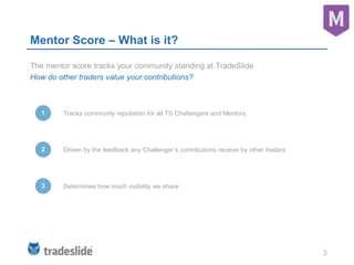 3
Mentor Score – What is it?
The mentor score tracks your community standing at TradeSlide
How do other traders value your contributions?
Tracks community reputation for all TS Challengers and Mentors1
2 Driven by the feedback any Challenger’s contributions receive by other traders
3 Determines how much visibility we share
 