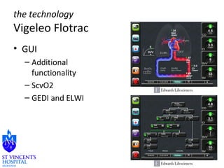 the technology 
Vigeleo Flotrac 
• GUI 
– Additional 
functionality 
– ScvO2 
– GEDI and ELWI 
 