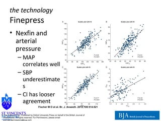 the technology 
Finepress 
• Nexfin and 
arterial 
pressure 
– MAP 
correlates well 
– SBP 
underestimate 
s 
– CI has looser 
agreement 
Fischer M O et al. Br. J. Anaesth. 2012;109:514-521 
© The Author [2012]. Published by Oxford University Press on behalf of the British Journal of 
Anaesthesia. All rights reserved. For Permissions, please email: 
journals.permissions@oup.com 
 