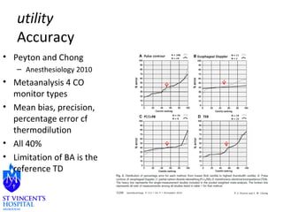 utility 
Accuracy 
• Peyton and Chong 
– Anesthesiology 2010 
• Metaanalysis 4 CO 
monitor types 
• Mean bias, precision, 
percentage error cf 
thermodilution 
• All 40% 
• Limitation of BA is the 
reference TD 
 