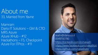 About me
33, Married from Yavne
Mamram
Dario IT Solutions – GM & CTO
MRS Azure
Azure XHub - #12
Hackathons – F5, Checkpoint
Azure For ITPros - #11
asaf.n@dario.co.il
0549700780
https://il.linkedin.com/in/nakash
https://www.facebook.com/nakashon
https://github.com/nakashon/
• https://il.linkedin.com/in/nakash
 
