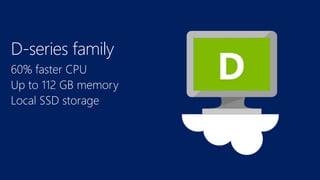 60% faster CPU
Up to 112 GB memory
Local SSD storage
D-series family
 