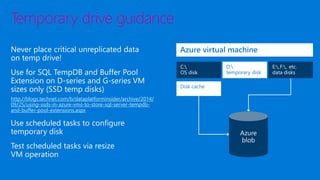 Temporary drive guidance
http://blogs.technet.com/b/dataplatforminsider/archive/2014/
09/25/using-ssds-in-azure-vms-to-store-sql-server-tempdb-
and-buffer-pool-extensions.aspx
Azure virtual machine
C:
OS disk
E:,F:, etc.
data disks
D:
temporary disk
Disk cache
 