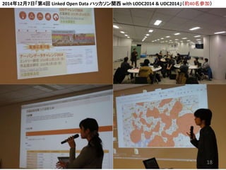 18
2014年12月7日「第4回 Linked Open Data ハッカソン関西 with LODC2014 & UDC2014」（約40名参加）
 