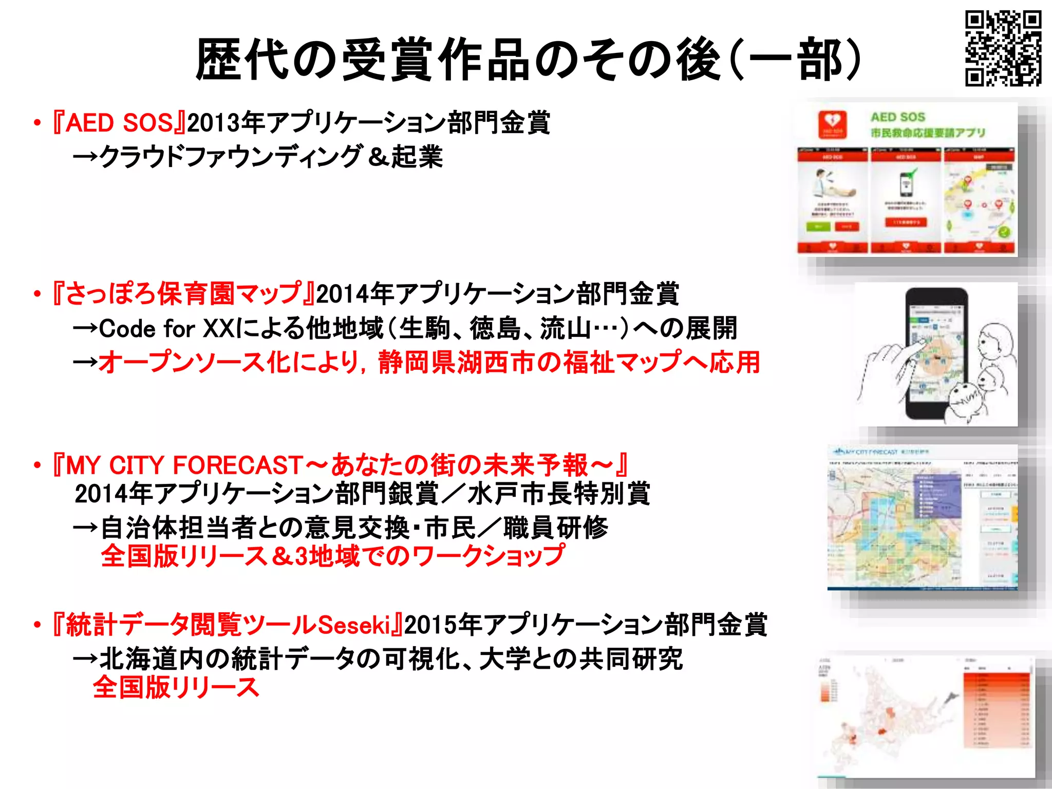 • 『AED SOS』2013年アプリケーション部門金賞
→クラウドファウンディング＆起業
• 『さっぽろ保育園マップ』2014年アプリケーション部門金賞
→Code for XXによる他地域（生駒、徳島、流山…）への展開
→オープンソース化により，静岡県湖西市の福祉マップへ応用
• 『MY CITY FORECAST〜あなたの街の未来予報〜』
2014年アプリケーション部門銀賞／水戸市長特別賞
→自治体担当者との意見交換・市民／職員研修
全国版リリース＆3地域でのワークショップ
• 『統計データ閲覧ツールSeseki』2015年アプリケーション部門金賞
→北海道内の統計データの可視化、大学との共同研究
全国版リリース
歴代の受賞作品のその後（一部）
 