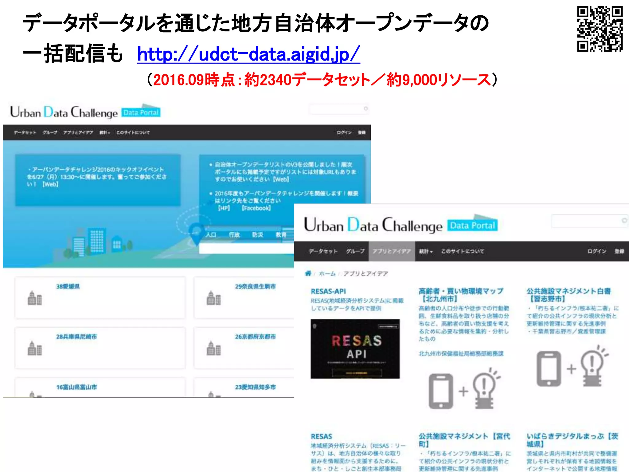 9
データポータルを通じた地方自治体オープンデータの
一括配信も http://udct-data.aigid.jp/
（2016.09時点：約2340データセット／約9,000リソース）
 