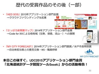 歴代の受賞作品のその後（一部）
36
• 『AED SOS』2013年アプリケーション部門金賞
→クラウドファウンディング＆起業
• 『さっぽろ保育園マップ』2014年アプリケーション部門金賞
→Code for XXによる他地域（生駒、徳島、流山…）への展開
• 『MY CITY FORECAST』2014年アプリケーション部門銀賞／水戸市長特別賞
→自治体担当者との意見交換・WS・職員研修
本日この後すぐ、UDC2015アプリケーション部門金賞
「北海道統計データ閲覧ツールSeseki」からの活動報告！
 