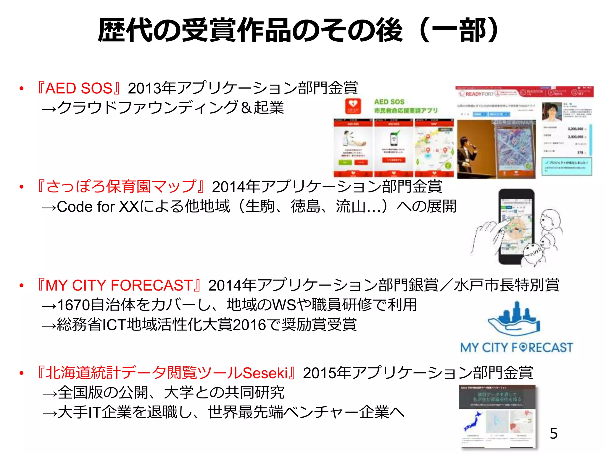 • 『AED SOS』2013年アプリケーション部門金賞
→クラウドファウンディング＆起業
• 『さっぽろ保育園マップ』2014年アプリケーション部門金賞
→Code for XXによる他地域（生駒、徳島、流山…）への展開
• 『MY CITY FORECAST』2014年アプリケーション部門銀賞／水戸市長特別賞
→1670自治体をカバーし、地域のWSや職員研修で利用
→総務省ICT地域活性化大賞2016で奨励賞受賞
• 『北海道統計データ閲覧ツールSeseki』2015年アプリケーション部門金賞
→全国版の公開、大学との共同研究
→大手IT企業を退職し、世界最先端ベンチャー企業へ
歴代の受賞作品のその後（一部）
5
 