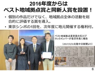 2016年度からは
ベスト地域拠点賞と同新人賞を設置！
• 個別の作品だけでなく、地域拠点全体の活動を総
合的に評価する賞を導入。
• 東京シンポの1回を、次年度に地元開催する権利付。
6
（2017/3/31北陸中日新聞より）
ベスト地域拠点賞受賞の石川ブ
ロックメンバーが金沢市長に報告
 