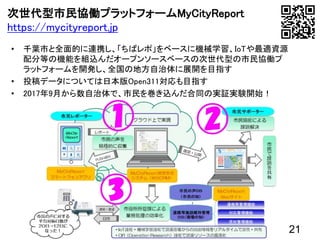 次世代型市民協働プラットフォームMyCityReport
https://mycityreport.jp
• 千葉市と全面的に連携し、「ちばレポ」をベースに機械学習、IoTや最適資源
配分等の機能を組込んだオープンソースベースの次世代型の市民協働プ
ラットフォームを開発し、全国の地方自治体に展開を目指す
• 投稿データについては日本版Open311対応も目指す
• 2017年9月から数自治体で、市民を巻き込んだ合同の実証実験開始！
21
 