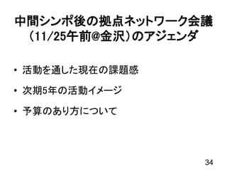 中間シンポ後の拠点ネットワーク会議
（11/25午前@金沢）のアジェンダ
• 活動を通した現在の課題感
• 次期5年の活動イメージ
• 予算のあり方について
34
 