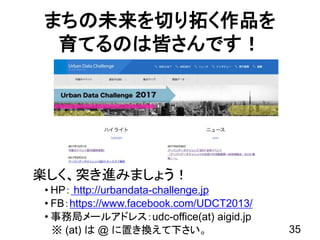 まちの未来を切り拓く作品を
育てるのは皆さんです！
35
楽しく、突き進みましょう！
• HP： http://urbandata-challenge.jp
• FB：https://www.facebook.com/UDCT2013/
• 事務局メールアドレス：udc-office(at) aigid.jp
※ (at) は @ に置き換えて下さい。
 