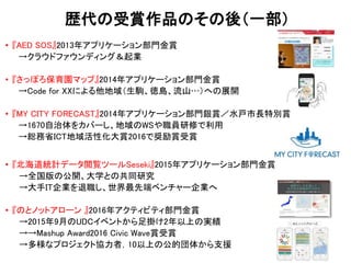 • 『AED SOS』2013年アプリケーション部門金賞
→クラウドファウンディング＆起業
• 『さっぽろ保育園マップ』2014年アプリケーション部門金賞
→Code for XXによる他地域（生駒、徳島、流山…）への展開
• 『MY CITY FORECAST』2014年アプリケーション部門銀賞／水戸市長特別賞
→1670自治体をカバーし、地域のWSや職員研修で利用
→総務省ICT地域活性化大賞2016で奨励賞受賞
• 『北海道統計データ閲覧ツールSeseki』2015年アプリケーション部門金賞
→全国版の公開、大学との共同研究
→大手IT企業を退職し、世界最先端ベンチャー企業へ
• 『のとノットアローン 』2016年アクティビティ部門金賞
→2015年9月のUDCイベントから足掛け2年以上の実績
→→Mashup Award2016 Civic Wave賞受賞
→多様なプロジェクト協力者，10以上の公的団体から支援
歴代の受賞作品のその後（一部）
8
 