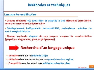 09/10/2017
30
• Chaque méthode est spécialisée et adaptée à une démarche particulière,
voire un secteur d’activité particulier
• Développement indépendant: incompatibilité, redondance, notation ou
terminologie différente
• Chaque méthode dispose de ses propres moyens de représentation
(graphique, diagramme, plan, organigramme)
Recherche d’un langage unique
• Utilisable dans toute méthode Objet
• Utilisable dans toutes les étapes du cycle de vie d’un logiciel
• Compatible avec les principaux méthodes orientées objet
Méthodes et techniques
Langage de modélisation
 