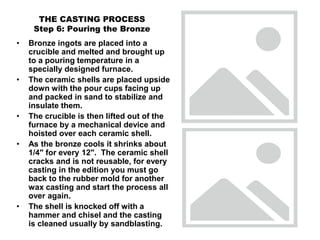 THE CASTING PROCESS
Step 6: Pouring the Bronze
• Bronze ingots are placed into a
crucible and melted and brought up
to a pouring temperature in a
specially designed furnace.
• The ceramic shells are placed upside
down with the pour cups facing up
and packed in sand to stabilize and
insulate them.
• The crucible is then lifted out of the
furnace by a mechanical device and
hoisted over each ceramic shell.
• As the bronze cools it shrinks about
1/4" for every 12". The ceramic shell
cracks and is not reusable, for every
casting in the edition you must go
back to the rubber mold for another
wax casting and start the process all
over again.
• The shell is knocked off with a
hammer and chisel and the casting
is cleaned usually by sandblasting.
 