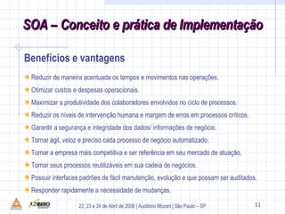 Reduzir de maneira acentuada os tempos e movimentos nas operações. Otimizar custos e despesas operacionais. Maximizar a produtividade dos colaboradores envolvidos no ciclo de processos. Reduzir os níveis de intervenção humana e margem de erros em processos críticos. Garantir a segurança e integridade dos dados/ informações de negócio. Tornar ágil, veloz e preciso cada processo de negócio automatizado. Tornar a empresa mais competitiva e ser referência em seu mercado de atuação. Tornar seus processos reutilizáveis em sua cadeia de negócios. Possuir interfaces padrões de fácil manutenção, evolução e que possam ser auditados. Responder rapidamente a necessidade de mudanças. 11 Benefícios e vantagens 