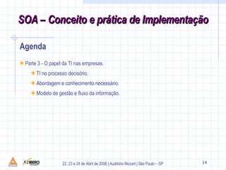 Agenda 1 Parte 3 - O papel da TI nas empresas. TI no processo decisório. Abordagem e conhecimento necessário. Modelo de gestão e fluxo da informação. 