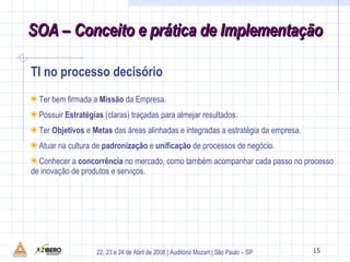 Ter bem firmada a  Missão  da Empresa.  Possuir  Estratégias  (claras) traçadas para almejar resultados. Ter  Objetivos  e  Metas  das áreas alinhadas e integradas a estratégia da empresa. Atuar na cultura de  padronização  e  unificação  de processos de negócio. Conhecer a  concorrência  no mercado, como também acompanhar cada passo no processo de inovação de produtos e serviços. 6 TI no processo decisório 