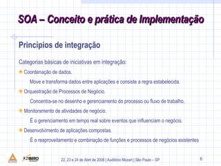 Princípios de integração Categorias básicas de iniciativas em integração: Coordenação de dados. Move e transforma dados entre aplicações e consiste a regra estabelecida. Orquestração de Processos de Negócio. Concentra-se no desenho e gerenciamento do processo ou fluxo de trabalho. Monitoramento de atividades de negócio. É o gerenciamento em tempo real sobre eventos que influenciam o negócio. Desenvolvimento de aplicações compostas.  É o reaproveitamento e combinação de funções e processos de negócios existentes 