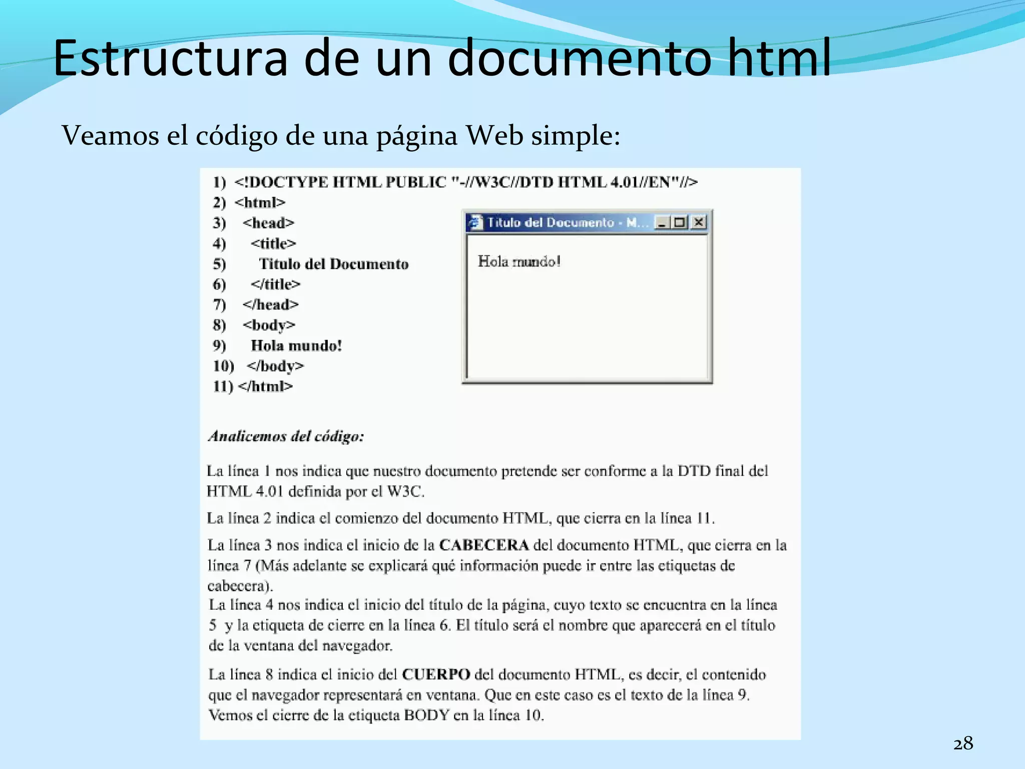 Estructura de un documento html 
Veamos el código de una página Web simple: 
28 
 