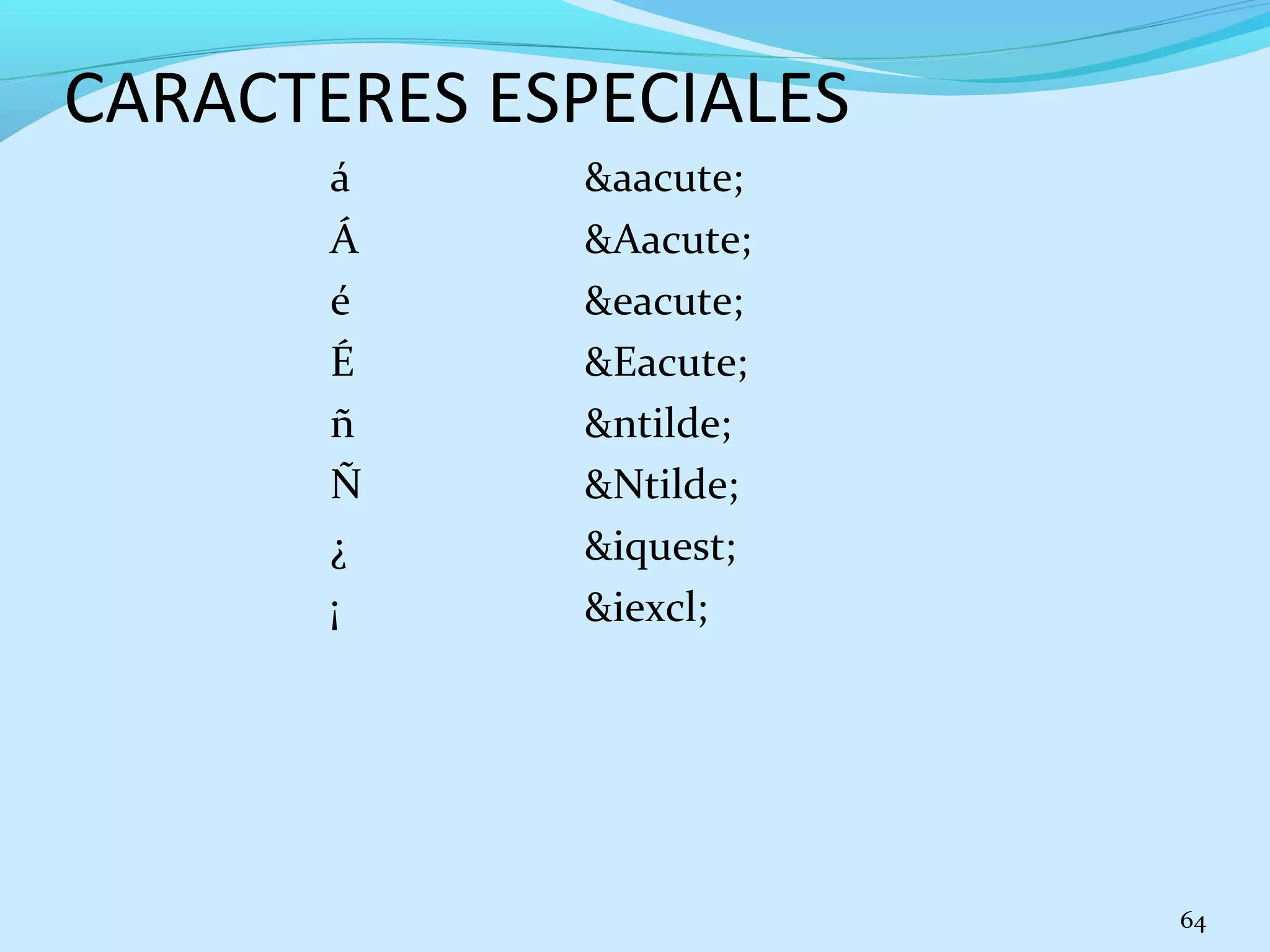 CARACTERES ESPECIALES 
á &aacute; 
Á &Aacute; 
é &eacute; 
É &Eacute; 
ñ &ntilde; 
Ñ &Ntilde; 
¿ &iquest; 
¡ &iexcl; 
64 
 