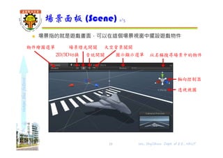 shapethefuture
 群組軸心：Center表示群組以全部物件的中心做
為軸心，Pivot表示以父物件中心點做為群組物件
軸心
 座標系統：自身座標 (Local) 的原點以及方向是以
物件本身的位置及方向為基準，世界座標 (Global)
是以場景中心為原點
 遊戲撥放控制
 遊戲執行時，所有遊戲物件及其元件的操作都是暫
時的，當停止執行後，就會恢復到執行前的狀態
工具列 2/4
15 Wu, ShyiShiou Dept. of E.E., NKUT
群組軸心 座標系統
執行遊戲 單步執行
暫停執行
 