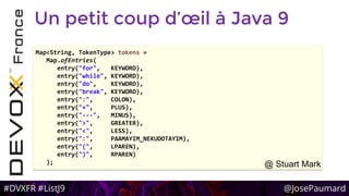 #DVXFR #ListJ9 @JosePaumard
Un petit coup d’œil à Java 9
Map<String, TokenType> tokens =
Map.ofEntries(
entry("for", KEYWORD),
entry("while", KEYWORD),
entry("do", KEYWORD),
entry("break", KEYWORD),
entry(":", COLON),
entry("+", PLUS),
entry("--‐", MINUS),
entry(">", GREATER),
entry("<", LESS),
entry(":", PAAMAYIM_NEKUDOTAYIM),
entry("(", LPAREN),
entry(")", RPAREN)
); @ Stuart Mark
 