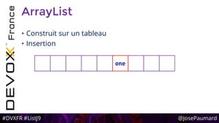 #DVXFR #ListJ9 @JosePaumard
ArrayList
• Construit sur un tableau
• Insertion
one
 