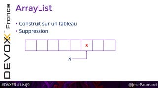 #DVXFR #ListJ9 @JosePaumard
ArrayList
• Construit sur un tableau
• Suppression
n
X
 