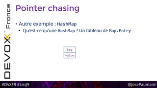 #DVXFR #ListJ9 @JosePaumard
Pointer chasing
• Autre exemple : HashMap
 Qu’est-ce qu’une HashMap ? Un tableau de Map.Entry
key
value
 