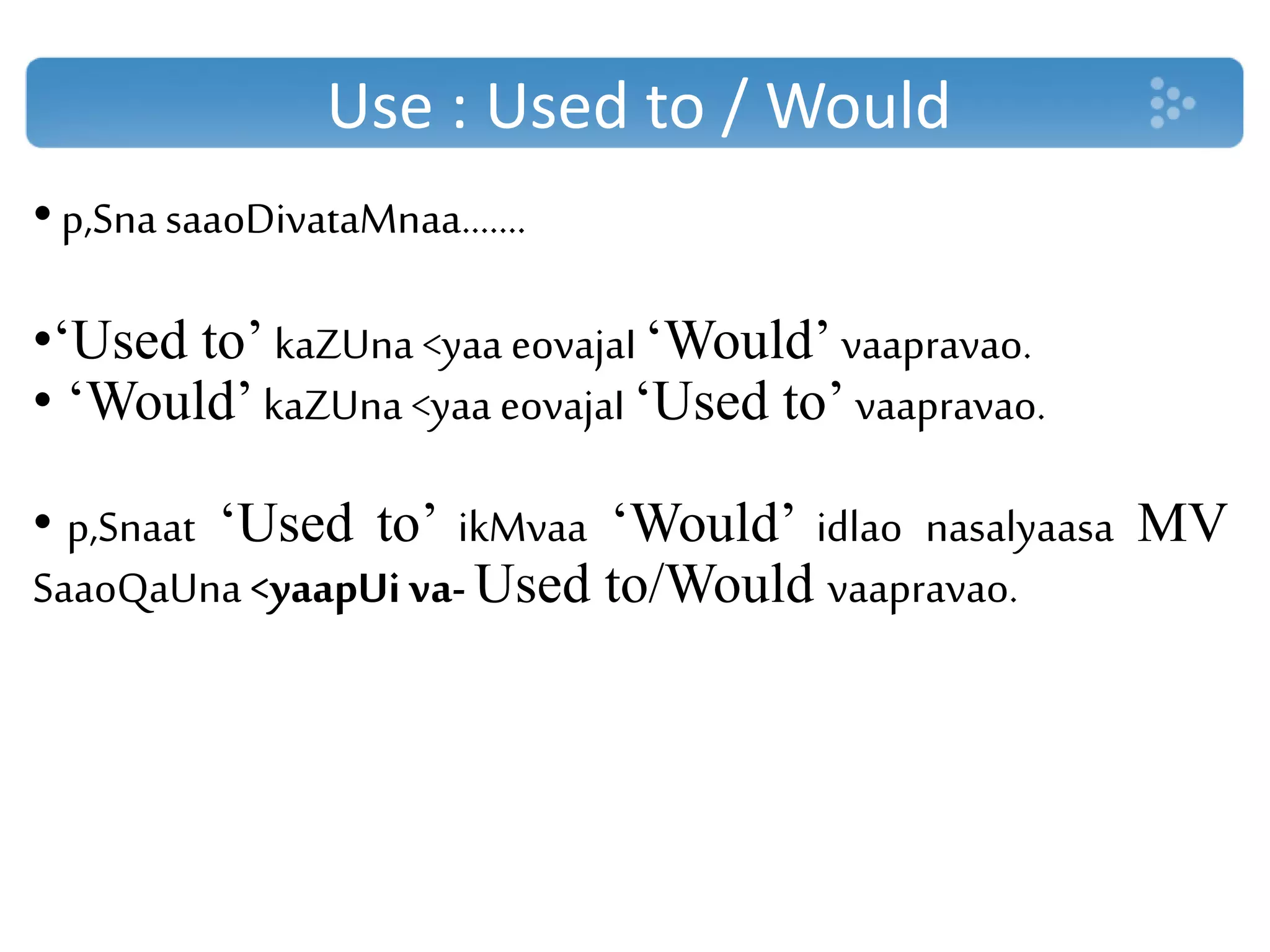 Use : Used to / Would
• p,Sna saaoDivataMnaa…….
•‘Used to’ kaZUna <yaa eovajaI ‘Would’ vaapravao.
• ‘Would’ kaZUna <yaa eovajaI ‘Used to’ vaapravao.
• p,Snaat ‘Used to’ ikMvaa ‘Would’ idlao nasalyaasa MV
SaaoQaUna <yaapUi va- Used to/Would vaapravao.
 