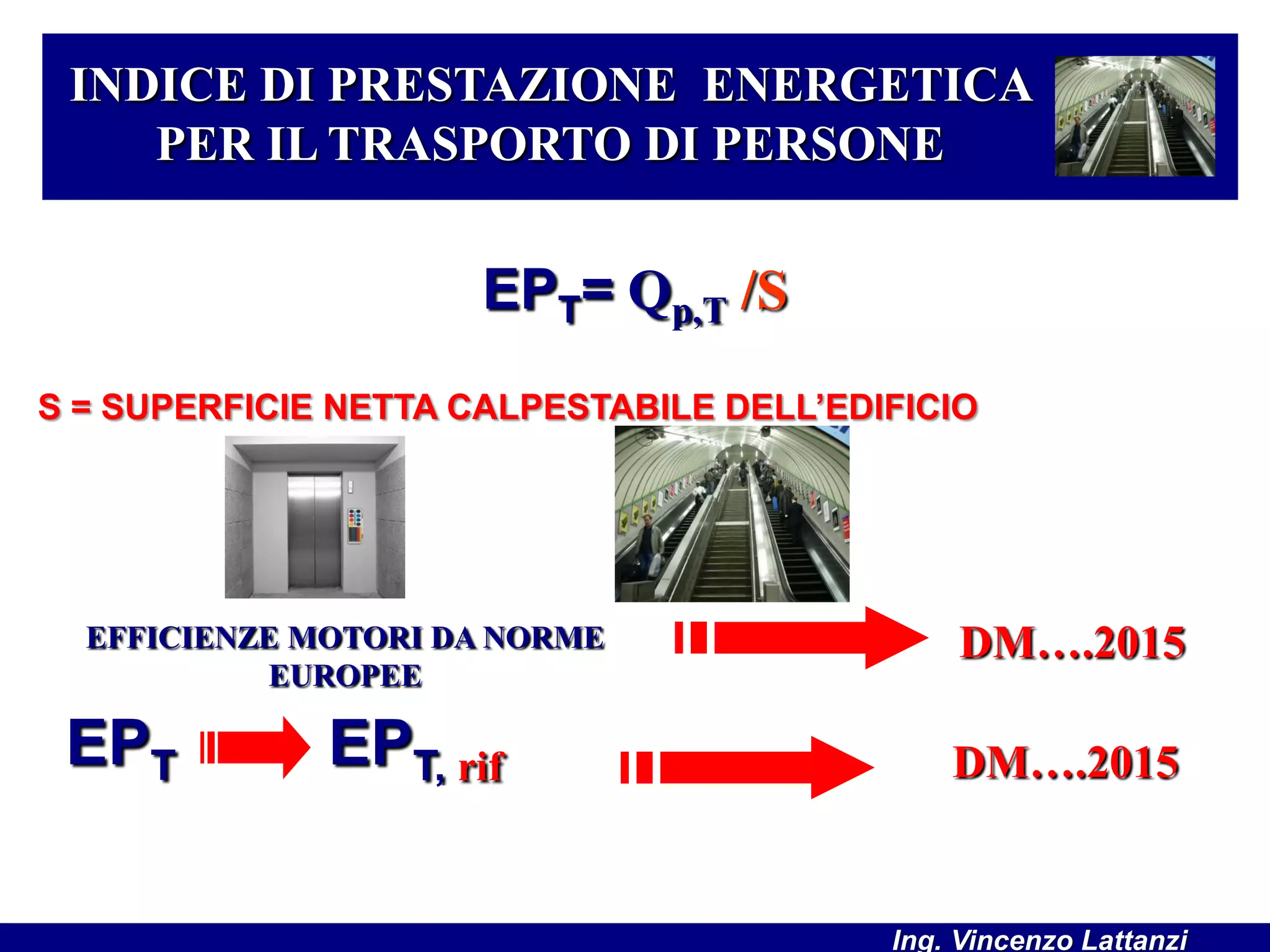 EPT= Qp,T /S
INDICE DI PRESTAZIONE ENERGETICA
PER IL TRASPORTO DI PERSONE
EFFICIENZE MOTORI DA NORME
EUROPEE
DM….2015
S = SUPERFICIE NETTA CALPESTABILE DELL’EDIFICIO
EPT EPT, rif DM….2015
Ing. Vincenzo Lattanzi
 