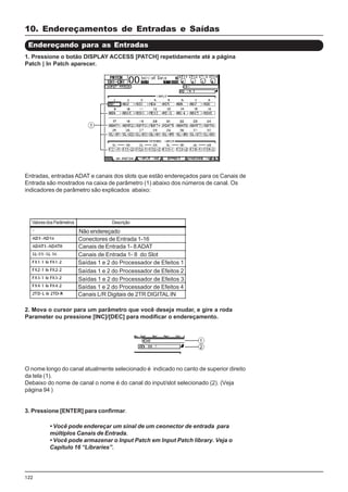 122
Entradas, entradas ADAT e canais dos slots que estão endereçados para os Canais de
Entrada são mostrados na caixa de parâmetro (1) abaixo dos números de canal. Os
indicadores de parâmetro são explicados abaixo:
1. Pressione o botão DISPLAY ACCESS [PATCH] repetidamente até a página
Patch | In Patch aparecer.
2. Mova o cursor para um parâmetro que você deseja mudar, e gire a roda
Parameter ou pressione [INC]/[DEC] para modificar o endereçamento.
O nome longo do canal atualmente selecionado é indicado no canto de superior direito
da tela (1).
Debaixo do nome de canal o nome é do canal do input/slot selecionado (2). (Veja
página 94 )
3. Pressione [ENTER] para confirmar.
Não endereçado
Conectores de Entrada 1-16
Canais de Entrada 1- 8ADAT
Canais de Entrada 1- 8 do Slot
Saídas 1 e 2 do Processador de Efeitos 1
Saídas 1 e 2 do Processador de Efeitos 2
Saídas 1 e 2 do Processador de Efeitos 3
Saídas 1 e 2 do Processador de Efeitos 4
Canais L/R Digitais de 2TR DIGITAL IN
ValoresdosParâmetros Descrição
• Você pode endereçar um sinal de um ceonector de entrada para
múltiplos Canais de Entrada.
• Você pode armazenar o Input Patch em Input Patch library. Veja o
Capítulo 16 “Libraries”.
Endereçando para as Entradas
10. Endereçamentos de Entradas e Saídas
 