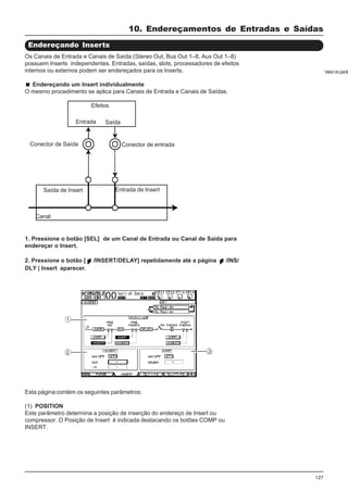 127
Valor do parâm
Endereçando Inserts
1. Pressione o botão [SEL] de um Canal de Entrada ou Canal de Saída para
endereçar o Insert.
2. Pressione o botão [ /INSERT/DELAY] repetidamente até a página /INS/
DLY | Insert aparecer.
Os Canais de Entrada e Canais de Saída (Stereo Out, Bus Out 1–8, Aux Out 1–8)
possuem Inserts independentes. Entradas, saídas, slots, processadores de efeitos
internos ou externos podem ser endereçados para os Inserts.
Endereçando um Insert individualmente
O mesmo procedimento se aplica para Canais de Entrada e Canais de Saídas.
Efeitos
Entrada Saída
Conector de entradaConector de Saída
Saída de Insert Entrada de Insert
Canal
Esta página contém os seguintes parâmetros:
(1) POSITION
Este parâmetro determina a posição de inserção do endereço de Insert ou
compressor. O Posição de Insert é indicada destacando os botões COMP ou
INSERT.
10. Endereçamentos de Entradas e Saídas
 