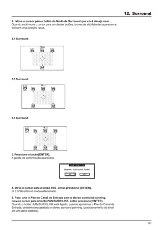 137
2. Mova o cursor para o botão do Modo de Surround que você deseja usar.
Quando você move o cursor para um destes botões, ícones de alto-falantes aparecem e
indicam uma posição típica.
3.1 Surround
5.1 Surround
6.1 Surround
3. Pressione o botão [ENTER].
A janela de confirmação aparecerá.
4. Mova o cursor para o botão YES , então pressione [ENTER].
O 01V96 entra no modo selecionado.
5. Para unir o Pan do Canal de Entrada com o stereo surround panning,
mova o cursor para o botão PAN/SURR LINK, então pressione [ENTER].
Quando o botão PAN/SURR LINK está ligado, quando ajustamos o Pan do Canal de
Entrada, também será ajustado o stereo surround panning. (posicionamento do sinal
em um plano estéreo).
12. Surround
 