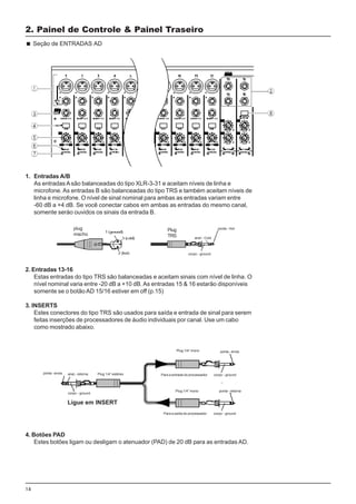14
1. Entradas A/B
As entradas Asão balanceadas do tipo XLR-3-31 e aceitam níveis de linha e
microfone. As entradas B são balanceadas do tipo TRS e também aceitam níveis de
linha e microfone. O nível de sinal nominal para ambas as entradas variam entre
-60 dB a +4 dB. Se você conectar cabos em ambas as entradas do mesmo canal,
somente serào ouvidos os sinais da entrada B.
2. Entradas 13-16
Estas entradas do tipo TRS são balanceadas e aceitam sinais com nível de linha. O
nível nominal varia entre -20 dB a +10 dB.As entradas 15 & 16 estarão disponíveis
somente se o botão AD 15/16 estiver em off (p.15)
3. INSERTS
Estes conectores do tipo TRS são usados para saída e entrada de sinal para serem
feitas inserções de processadores de áudio individuais por canal. Use um cabo
como mostrado abaixo.
4. Botões PAD
Estes botões ligam ou desligam o atenuador (PAD) de 20 dB para as entradas AD.
2. Painel de Controle & Painel Traseiro
Seção de ENTRADAS AD
plug
macho
Plug
TRS
ponta - Hot
anel - Cold
corpo - ground
corpo - ground
corpo - ground
corpo - groundponta - envia anel - retorna
ponta - envia
ponta - retorna
Ligue em INSERT
Plug 1/4” estéreo
Plug 1/4” mono
Plug 1/4” mono
Para a entrada do processador
Para a saída do processador
 