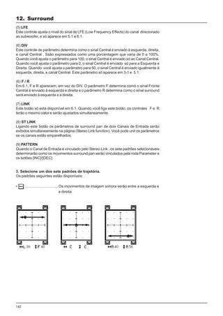 142
(5) LFE
Este controle ajusta o nível do sinal de LFE (Low Frequency Effects) do canal direcionado
ao subwoofer, e só aparece em 5.1 e 6.1.
(6) DIV
Este controle de parâmetro determina como o sinal Central é enviado à esquerda, direita,
e canal Central . Ssão expressados como uma porcentagem que varia de 0 a 100%.
Quando você ajusta o parâmetro para 100, o sinal Central é enviado só ao Canal Central.
Quando você ajusta o parâmetro para 0, o sinal Central é enviado só para a Esquerda e
Direita. Quando você ajusta o parâmetro para 50, o sinal Central é enviado igualmente à
esquerda, direita, e canal Central. Este parâmetro só aparece em 3-1 e 5.1.
(6) F / R
Em 6.1, F e R aparecem, em vez do DIV. O parâmetro F determina como o sinal Fronta
Central é enviado à esquerda e direita e o parâmetro R determina como o sinal surround
será enviado à esquerda e a direita.
(7) LINK
Este botão só está disponível em 6.1. Quando você liga este botão, os controles F e R
terão o mesmo valor e serão ajustados simultaneamente.
(8) ST LINK
Ligando este botão os parâmetros de surround pan de dois Canais de Entrada serão
exibidos simultaneamente na página (Stereo Link function). Você pode unir os parâmetros
se os canais estão emparelhados.
(9) PATTERN
Quando o Canal de Entrada é vinculado pelo Stereo Link , os sete padrões selecionáveis
determinarão como os movimentos surround pan serão vinculados pela roda Parameter e
os botões [INC]/[DEC].
3. Selecione um dos sete padrões de trajetória.
Os padrões seguintes estão disponíveis:
• ............................... Os movimentos de imagem sonora serão entre a esquerda e
a direita.
12. Surround
 