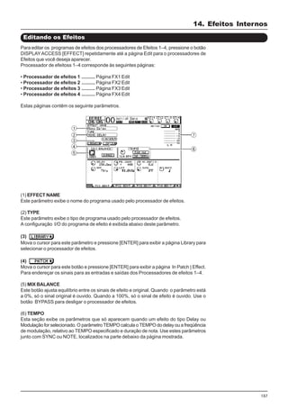 157
(1) EFFECT NAME
Este parâmetro exibe o nome do programa usado pelo processador de efeitos.
(2) TYPE
Este parâmetro exibe o tipo de programa usado pelo processador de efeitos.
A configuração I/O do programa de efeito é exibida abaixo deste parâmetro.
(3)
Mova o cursor para este parâmetro e pressione [ENTER] para exibir a página Library para
selecionar o processador de efeitos.
(4)
Mova o cursor para este botão e pressione [ENTER] para exibir a página In Patch | Effect.
Para endereçar os sinais para as entradas e saídas dos Processadores de efeitos 1–4.
(5) MIX BALANCE
Este botão ajusta equilíbrio entre os sinais de efeito e original. Quando o parâmetro está
a 0%, só o sinal original é ouvido. Quando a 100%, só o sinal de efeito é ouvido. Use o
botão BYPASS para desligar o processador de efeitos.
(6) TEMPO
Esta seção exibe os parâmetros que só aparecem quando um efeito do tipo Delay ou
Modulação for selecionado. O parâmetro TEMPO calcula o TEMPO do delay ou a freqüência
de modulação, relativo ao TEMPO especificado e duração de nota. Use estes parâmetros
junto com SYNC ou NOTE, localizados na parte debaixo da página mostrada.
Editando os Efeitos
Para editar os programas de efeitos dos processadores de Efeitos 1–4, pressione o botão
DISPLAYACCESS [EFFECT] repetidamente até a página Edit para o processadores de
Efeitos que você deseja aparecer.
Processador de efeitoss 1–4 corresponde às seguintes páginas:
• Processador de efeitos 1 .......... Página FX1 Edit
• Processador de efeitos 2 .......... Página FX2 Edit
• Processador de efeitos 3 .......... Página FX3 Edit
• Processador de efeitos 4 .......... Página FX4 Edit
Estas páginas contêm os seguinte parâmetros.
14. Efeitos Internos
 
