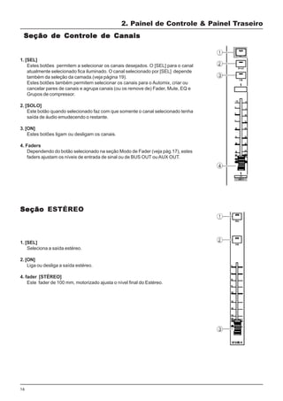 16
1. [SEL]
Seleciona a saída estéreo.
2. [ON]
Liga ou desliga a saída estéreo.
4. fader [STÉREO]
Este fader de 100 mm, motorizado ajusta o nível final do Estéreo.
2. Painel de Controle & Painel Traseiro
SeçãoSeçãoSeçãoSeçãoSeção de Controle de Canaisde Controle de Canaisde Controle de Canaisde Controle de Canaisde Controle de Canais
1. [SEL]
Estes botões permitem a selecionar os canais desejados. O [SEL] para o canal
atualmente selecionado fica iluminado. O canal selecionado por [SEL] depende
também da seleção da camada.(veja página 19).
Estes botões também permitem selecionar os canais para o Automix, criar ou
cancelar pares de canais e agrupa canais (ou os remove de) Fader, Mute, EQ e
Grupos de compressor.
2. [SOLO]
Este botão quando selecionado faz com que somente o canal selecionado tenha
saída de áudio emudecendo o restante.
3. [ON]
Estes botões ligam ou desligam os canais.
4. Faders
Dependendo do botão selecionado na seção Modo de Fader (veja pág.17), estes
faders ajustam os níveis de entrada de sinal ou de BUS OUT ouAUX OUT.
SeçãoSeçãoSeçãoSeçãoSeção ESTÉREO
 