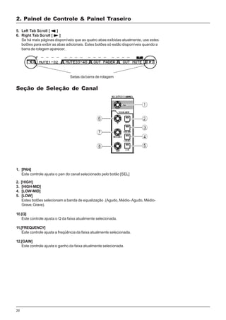 20
5. Left Tab Scroll [ ]
6. Right Tab Scroll [ ]
Se há mais páginas disponíveis que as quatro abas exibidas atualmente, use estes
botões para exibir as abas adicionais. Estes botões só estão disponíveis quando a
barra de rolagem aparecer.
Setas da barra de rolagem
Seção de Seleção de Canal
2. [HIGH]
3. [HIGH-MID]
4. [LOW-MID]
5. [LOW]
Estes botões selecionam a banda de equalização .(Agudo, Médio-Agudo, Médio-
Grave,Grave).
10.[Q]
Este controle ajusta o Q da faixa atualmente selecionada.
11.[FREQUENCY]
Este controle ajusta a freqüência da faixa atualmente selecionada.
12.[GAIN]
Este controle ajusta o ganho da faixa atualmente selecionada.
1. [PAN]
Este controle ajusta o pan do canal selecionado pelo botão [SEL]
2. Painel de Controle & Painel Traseiro
 