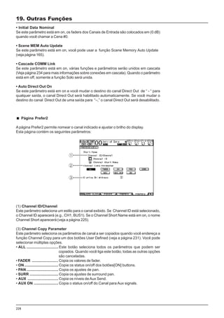 228
• Initial Data Nominal
Se este parâmetro está em on, os faders dos Canais de Entrada são colocados em (0 dB)
quando você chamar a Cena #0.
• Scene MEM Auto Update
Se este parâmetro está em on, você pode usar a função Scene Memory Auto Update
(veja página 165).
• Cascade COMM Link
Se este parâmetro está em on, várias funções e parâmetros serão unidos em cascata
(Veja página 234 para mais informações sobre conexões em cascata). Quando o parâmetro
está em off, somente a função Solo será unida.
• Auto Direct Out On
Se este parâmetro está em on e você mudar o destino do canal Direct Out de “ - “ para
qualquer saída, o canal Direct Out será habilitado automaticamente. Se você mudar o
destino do canal Direct Out de uma saída para “–,” o canal Direct Out será desabilitado.
Página Prefer2
A página Prefer2 permite nomear o canal indicado e ajustar o brilho do display.
Esta página contém os seguintes parâmetros:
19. Outras Funções
(1) Channel ID/Channel
Este parâmetro seleciona um estilo para o canal exibido. Se Channel ID está selecionado,
o Channel ID aparecerá (e.g., CH1, BUS1). Se o Channel Short Name está em on, o nome
Channel Short aparecerá (veja a página 225).
(3) Channel Copy Parameter
Este parâmetro seleciona os parâmetros de canal a ser copiados quando você endereça a
função Channel Copy para um dos botões User Defined (veja a página 231). Você pode
selecionar múltiplas opções.
• ALL .............................. Este botão seleciona todos os parâmetros que podem ser
copiados. Quando você liga este botão, todas as outras opções
são canceladas.
• FADER ......................... Copia os valores de fader.
• ON................................ Copia os status on/off dos botões[ON] buttons.
• PAN .............................. Copia os ajustes de pan.
• SURR ........................... Copia os ajustes de surround pan.
• AUX ............................. Copia os níveis de Aux Send.
• AUX ON ....................... Copia o status on/off do Canal para Aux signals.
 
