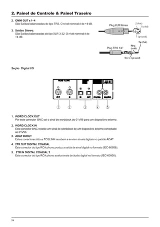 24
2. Painel de Controle & Painel Traseiro
2. OMNI OUT s 1–4
São Saídas balanceadas do tipo TRS. O nível nominal é de +4 dB.
Plug XLR fêmea
Plug TRS 1/4”
3. Saídas Stereo.
São Saídas balanceadas do tipo XLR-3-32. O nível nominal é de
+4 dB.
Seção Digital I/O
1. WORD CLOCK OUT
Por este conector BNC sai o sinal de wordclock do 01V96 para um dispositivo externo.
2. WORD CLOCK IN
Este conector BNC recebe um sinal de wordclock de um dispositivo externo conectado
ao 01V96.
3. ADAT IN/OUT
Estes conectores óticos TOSLINK recebem e enviam sinais digitais no padrão ADAT
4. 2TR OUT DIGITAL COAXIAL
Este conector do tipo RCA phono produz a saída de sinal digital no formato (IEC-60958).
5. 2TR IN DIGITAL COAXIAL 2
Este conector do tipo RCA phono aceita sinais de áudio digital no formato (IEC-60958).
 