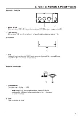 25
1. POWER ON/OFF
Esta chave Liga e Desliga o 01V96.
Nota: Abaixe todos os controles de volume dos amplificadores
ligados ao DM 1000 antes de ligá-lo ou desliga-lo, para evitar danos
às caixas acústicas
2. AC IN
Ligue aqui o cabo de força .
2. Painel de Controle & Painel Traseiro
Seção MIDI / Controle
1. MIDI IN & OUT
Estes conectores MIDI In & Out permitem conectar o DM1000 em outro equipamento MIDI.
2. TO HOST USB
Este conector USB permite conectar um computador equipado com uma porta USB.
Seção SLOT
1. SLOT
Você pode inserir cartões mini-YGDAI opcionais nesta abertura. (Veja a página 26 para
mais informações para instalar estes cartões.)
Seção de Alimentação
 