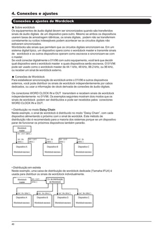 40
Sobre wordclock
Os equipamentos de áudio digital devem ser sincronizados quando são transferidos
sinais de áudio digitais de um dispositivo para outro. Mesmo se ambos os dispositivos
usarem taxas de amostragem idênticas, os sinais digitais, podem não se transferirem
corretamente ou ruídos indesejáveis podem acontecer se os circuitos digitais não
estiverem sincronizados.
Wordclocks são sinais que permitem que os circuitos digitais sincronizem-se. Em um
sistema digital típico, um dispositivo opera como o wordclock master e transmite sinais
de wordclock e os outros dispositivos operam como escravos e sincronizam-se com
o master.
Se você conectar digitalmente o 01V96 com outro equipamento, você terá que decidir
qual dispositivo será o wordclock master e quais dispositivos serão escravos. O 01V96
pode ser usado como o wordclock master de 44.1 kHz, 48 kHz, 88.2 kHz, ou 96 kHz,
ou receber um sinal de wordclock externo.
Conexões de Wordclock
Para estabelecer sincronização de wordclock entre o 01V96 e outros dispositivos
externos, você pode distribuir os sinais de wordclock independentemente por cabos
dedicados, ou usar a informação de clock derivada de conexões de áudio digitais.
Os conectores WORD CLOCK IN e OUT transmitem e recebem sinais de wordclock
independentemente no 01V96. Os exemplos seguintes mostram dois modos que os
sinais de wordclock podem ser distribuídos e pode ser recebidos pelos conectores
WORD CLOCK IN e OUT.
• Distribuição no modo Daisy Chain
Neste exemplo, o sinal de wordclock é distribuído no modo “Daisy Chain”, com cada
dispositivo alimentando o próximo com o sinal de wordclok. Este método de
distribuição não é recomendado para a maioria dos sistemas porque se um dispositivo
parar de funcionar os próximos dispositivos também pararão.
Conexões e ajustes de Wordclock
4. Conexões e ajustes
• Distribuição em estrela
Neste exemplo, uma caixa de distribuição de wordclock dedicada (Yamaha IFU4) é
usada para distribuir os sinais de wordclock individualmente.
Wordclock
master
Dispositivo A
Wordclock escravo
Dispositivo B
Wordclock escravo
Dispositivo D
Wordclock escravo
Dispositivo C
Wordclock escravo
Cx. de distribuição
de Wordclock
Wordclock
master
Dispositivo A
Wordclock escravo
Dispositivo B
Wordclock escravo
Dispositivo C
Wordclock escravo
 