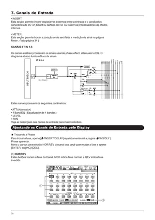 78
• INSERT
Esta seção permite inserir dispositivos externos entre a entrada e o canal pelos
conectores de I/O on-board ou cartões de I/O, ou inserir os processadores de efeitos
internos.
• METER
Esta seção permite trocar a posição onde será feita a medição de sinal na página
Meter . (Veja página 34 )
CANAIS ST IN 1-4
Os canais estéreo processam os sinais usando phase effect, attenuator e EQ. O
diagrama abaixo ilustra o fluxo de sinais.
Estes canais possuem os seguintes parâmetros:
•ATT (Attenuator)
• 4 Band EQ ( Equalizador de 4 bandas)
• LEVEL
• PAN
Veja as descrições dos canais de entrada para maior referêcia.
Trocando a Phase
Para trocar a fase, aperte [ /INSERT/DELAY] repetidamente até a pagina /INS/DLY |
Phase aparecer.
Mova o cursor para o botão NOR/REV do canal que você quer mudar a fase e aperte
[ENTER] ou [INC]/[DEC].
(1) NOR/REV
Estes botões trocam a fase do Canal. NOR indica fase normal, e REV indica fase
invertida.
7. Canais de Entrada
Ajustando os Canais de Entrada pelo Display
 