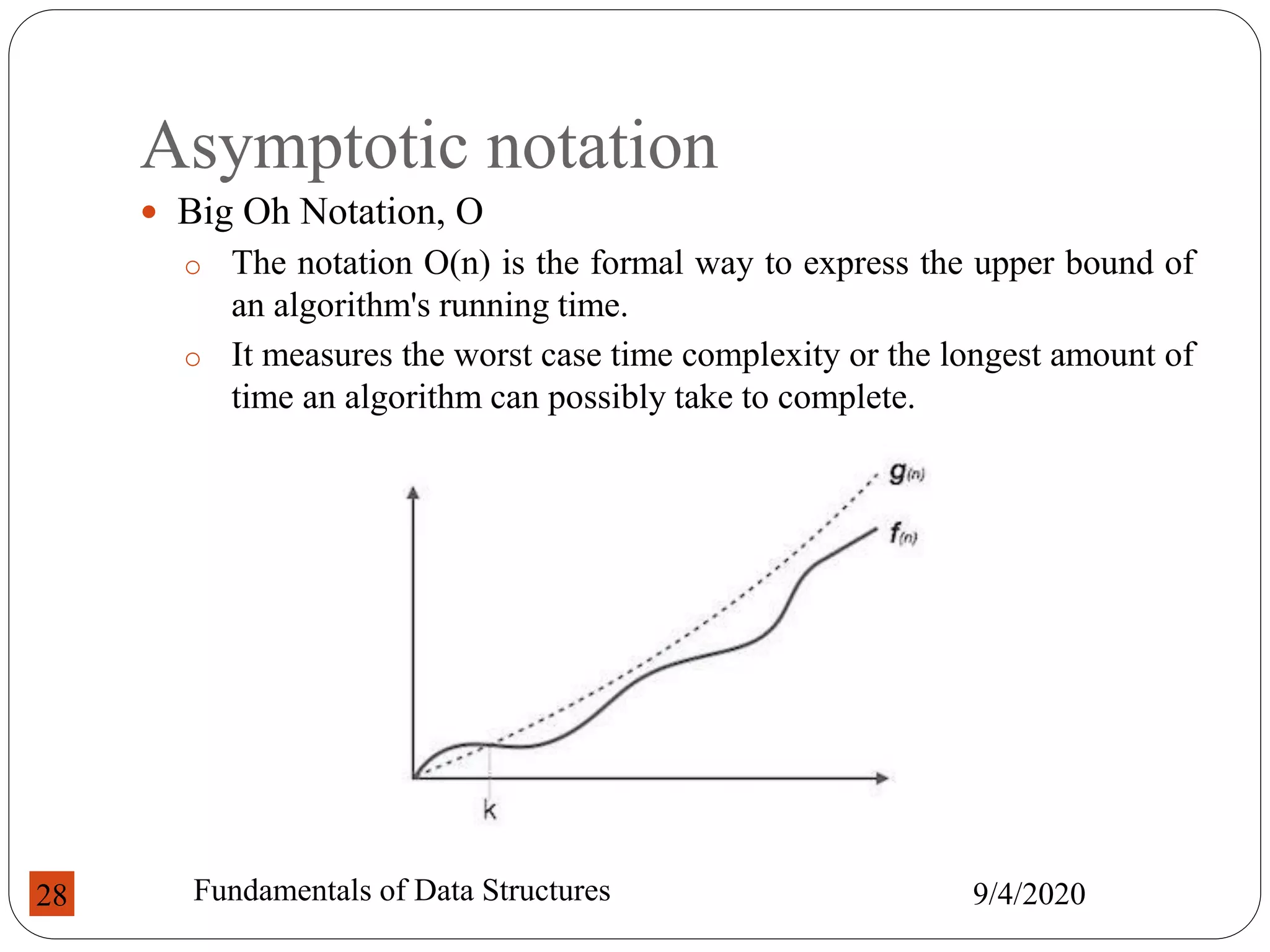 Asymptotic notation
 Big Oh Notation, Ο
o The notation Ο(n) is the formal way to express the upper bound of
an algorithm's running time.
o It measures the worst case time complexity or the longest amount of
time an algorithm can possibly take to complete.
9/4/2020
Fundamentals of Data Structures
28
 