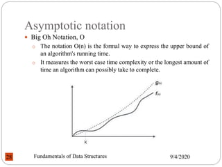 Asymptotic notation
 Big Oh Notation, Ο
o The notation Ο(n) is the formal way to express the upper bound of
an algorithm's running time.
o It measures the worst case time complexity or the longest amount of
time an algorithm can possibly take to complete.
9/4/2020
Fundamentals of Data Structures
28
 