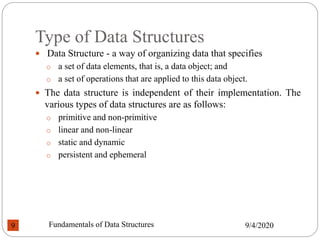 Type of Data Structures
 Data Structure - a way of organizing data that specifies
o a set of data elements, that is, a data object; and
o a set of operations that are applied to this data object.
 The data structure is independent of their implementation. The
various types of data structures are as follows:
o primitive and non-primitive
o linear and non-linear
o static and dynamic
o persistent and ephemeral
9/4/2020
Fundamentals of Data Structures
9
 
