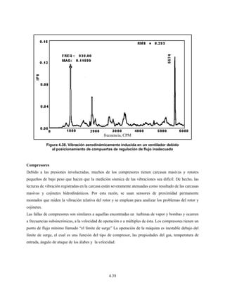 4.39
Compresores
Debido a las presiones involucradas, muchos de los compresores tienen carcasas masivas y rotores
pequeños de bajo peso que hacen que la medición sísmica de las vibraciones sea difícil. De hecho, las
lecturas de vibración registradas en la carcasa están severamente atenuadas como resultado de las carcasas
masivas y cojinetes hidrodinámicos. Por esta razón, se usan sensores de proximidad permanente
montados que miden la vibración relativa del rotor y se emplean para analizar los problemas del rotor y
cojinetes.
Las fallas de compresores son similares a aquellas encontradas en turbinas de vapor y bombas y ocurren
a frecuencias subsincrónicas, a la velocidad de operación o a múltiples de ésta. Los compresores tienen un
punto de flujo mínimo llamado “el límite de surge” La operación de la máquina es inestable debajo del
límite de surge, el cual es una función del tipo de compresor, las propiedades del gas, temperatura de
entrada, ángulo de ataque de los álabes y la velocidad.
Figura 4.37. Flojedad en el cojinete de ventilador.
Figura 4.38. Vibración aerodinámicamente inducida en un ventilador debido
al posicionamiento de compuertas de regulación de flujo inadecuado
frecuencia, CPM
 